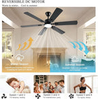 56inch Black Ceiling Fans with Lights and Remote/App Control, Dimmable LED, Reversible DC Motor, Noiseless, 6 Double-Side blades, 6 Speeds Low Profile Ceiling Fan for Indoor/Outdoor Use