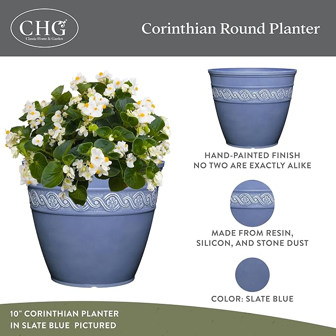 Classic Home and Garden Corinthian Resin Planter Pot - Outdoor & Indoor Plant Pot - Round Planter for Plants & Flowers (13" Slate Blue, Pack of 1)