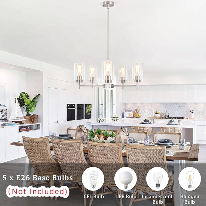 5 Lights Brushed Nickel Chandelier for Dining Room Light Fixture,24" Modern Farmhouse Pendant Lighting with Glass Shade Industrial Hanging Ceiling Light for Kitchen Island Entryway Foyer,E26
