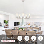 5 Lights Brushed Nickel Chandelier for Dining Room Light Fixture,24" Modern Farmhouse Pendant Lighting with Glass Shade Industrial Hanging Ceiling Light for Kitchen Island Entryway Foyer,E26