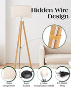 ELYONA Nordic Wood Tripod Floor Lamp, Modern Reading Standing Lamp for Living Room 3 Color Temperatures LED Bulb Included Flaxen Lamp Shade, Boho Natural Wooden floor lamp for Bedroom Office Kids Room