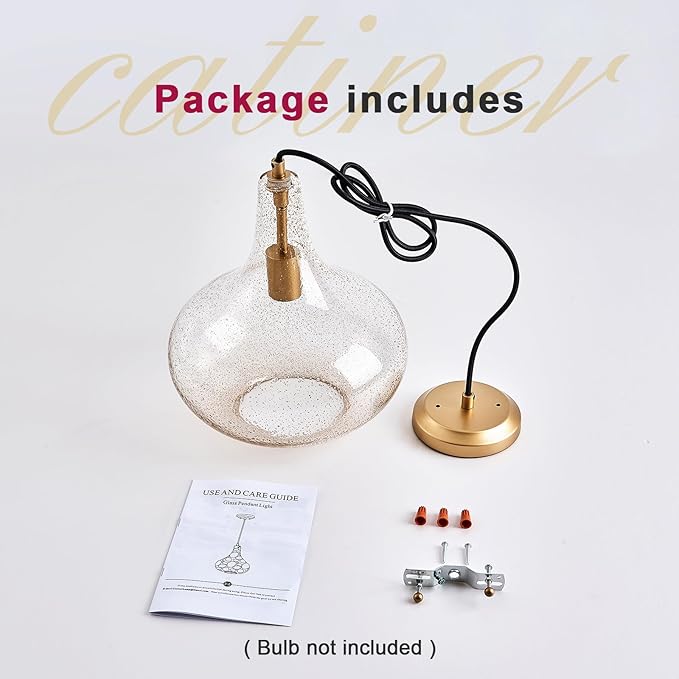 Handcrafted 11-Inch Mid-Century Modern Brass Gold Pendant Light with Seeded Glass Shade - Elegant Dining Room Pendant Light