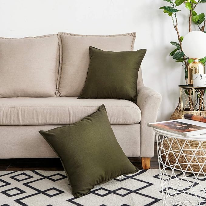Jeanerlor 18"x18" Solid Cotton Linen Decoration Green Throw Pillow Case with Zipper Cushion Case Pillow Cover Decorative Pillowcase for Chair/Bed/Couch, (45 x 45cm),2 Packs, Olive Green