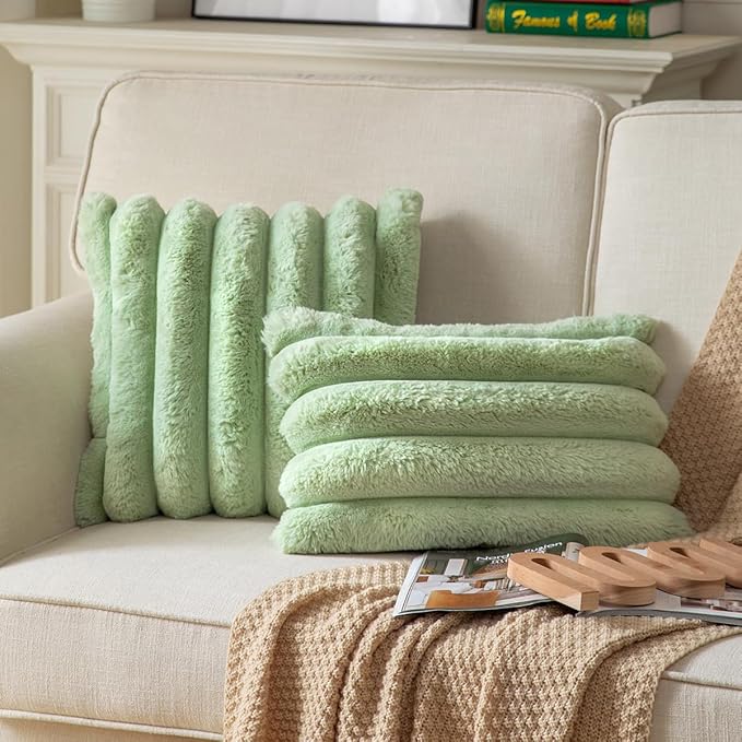 Faux Fur Plush Throw Pillow Covers 12x20 Inch Set of 2 - Luxury Decorative Fuzzy Striped Soft Cozy Pillowcase for Couch, Sofa, Living Room - Green