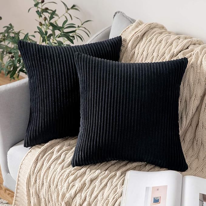 MIULEE Winter 24x24 Pillow Covers Set of 2 Soft Striped Corduroy Euro Pillow Shams for Couch Living Room Sofa Car 24 x 24 Inch Black