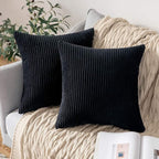 MIULEE Winter Pack of 2 Corduroy Pillow Covers Soft Soild Striped Throw Pillow Covers Set Decorative Square Cushion Cases Pillowcases for Cushion Couch Sofa Bedroom Living Room 16 x 16 Inch Black