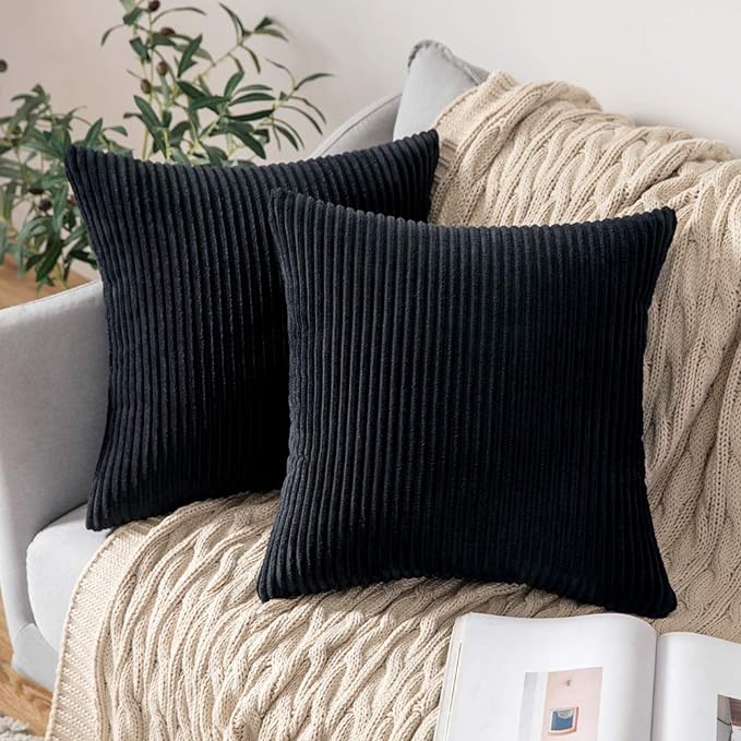 MIULEE Winter Pack of 2 Corduroy Pillow Covers Soft Soild Striped Throw Pillow Covers Set Decorative Square Cushion Cases Pillowcases for Cushion Couch Sofa Bedroom Living Room 16 x 16 Inch Black