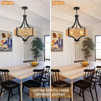 4-Light Rattan Chandelier Light Fixture, 18” Black Metal and Hand-Woven Wicker Shade, Semi-Flush Mount Boho Farmhouse Pendant Lighting for Dining Room, Living Room, Kitchen Island, Bedroom