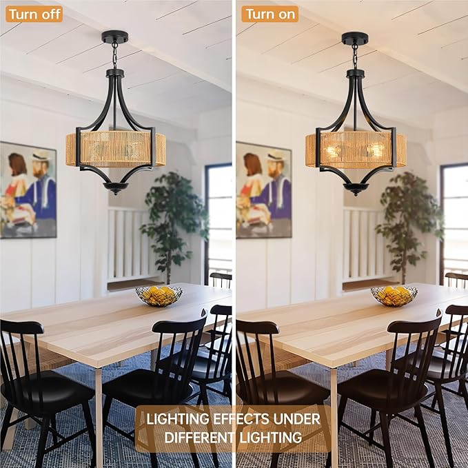 4-Light Rattan Chandelier Light Fixture, 18” Black Metal and Hand-Woven Wicker Shade, Semi-Flush Mount Boho Farmhouse Pendant Lighting for Dining Room, Living Room, Kitchen Island, Bedroom