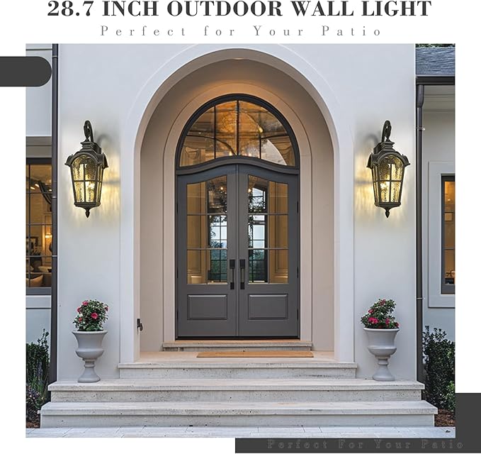 Emliviar 28.7 Inch Farmhouse Wall Light, Large Exterior Wall Sconce for Porch Patio, Water Grain Glass in Black Finish, WE215BL BK