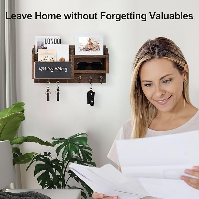 Mail and Key Holder – Wall Mount Key Hanger with Shelf and 7 Metal Hooks – Decorative Natural Paulownia Wood Entryway Organizer with Mounting Hardware (16.5”W x 8.7”H x 3.5”D) (Brown)