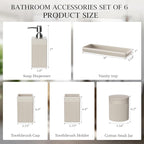 6-Piece Beige Bathroom Set - Sleek Resin Bathroom Accessories Set with Soap Dispenser, Toothbrush Holder, Vanity Tray, Tumbler & Apothecary Jars for Small Spaces