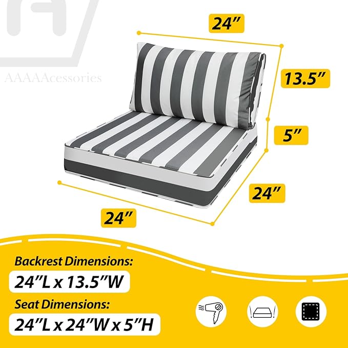 AAAAAcessories Outdoor Deep Seat Cushions, Waterproof, Fade-Resistant Patio Furniture Replacement Cushions, 24" x 24" x 5" + 24" x 13.5", Gray Cabana Stripe