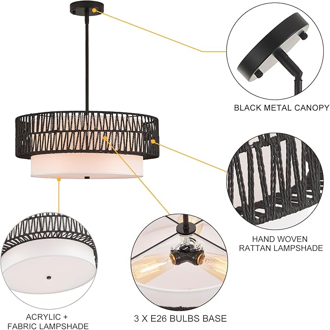 19" Rattan Chandelier with Linen Vintage Farmhouse Boho Hand Woven Bamboo Chandelier Light Fixture Modern Drum Wicker Rattan Black Chandeliers for Dining Room, Entryway, Bedroom, Foyer