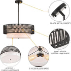 19" Rattan Chandelier with Linen Vintage Farmhouse Boho Hand Woven Bamboo Chandelier Light Fixture Modern Drum Wicker Rattan Black Chandeliers for Dining Room, Entryway, Bedroom, Foyer