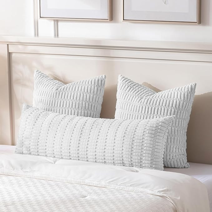 Fancy Homi Pure White Long Body Lumbar Lumbar Decorative Throw Pillow Covers 14x36 Inch for Bed Couch Bedroom Bench, Soft Corduroy Rectangle Solid Pillow Case, Rustic Farmhouse Boho Room Decor