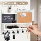 Key Holder for Wall Mount with Mail Organizer, Farmhouse Key Holder for Wall with Shelf, Chalkboard&Corkboard, Entryway Organizer 11 Metal Hooks, Decorative Natural Pine Wood, 14.6*11.1*3.3”, B-White