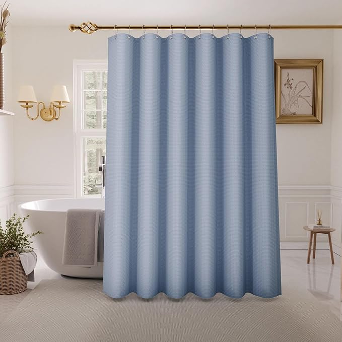 Inhousolu Fabric Shower Curtain Waffle Weave, Moonlight Blue 230 GSM Heavy Duty, Weighted Hem, 14 Metal Hooks, Water Repellent, Machine Washable, Hotel Spa Luxury Bath Curtain Set, 72 x 72 Inch