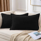 Mecatny Corduroy Throw Pillow Covers 12x20 Set of 2, Neutral Decorative Soft Boho Lumbar Couch Pillow Covers with Broadside for Sofa Living Room, Black