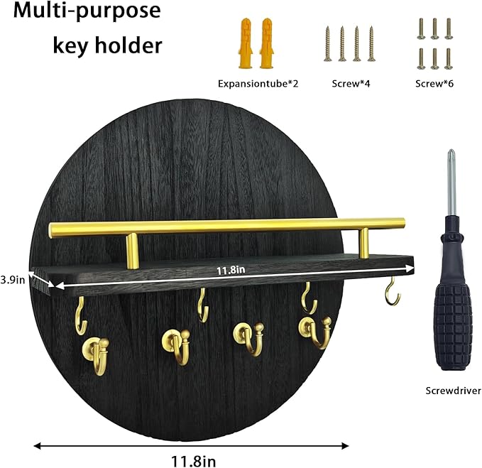 Key Holder Wall Mount with Shelf and Hooks, 11.8 Inch Entryway Gold Key Rack Hanger, Rustic Key Holder for Wall Decor