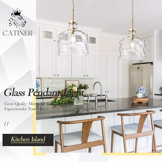 16" Extra Large Farmhouse Pendant Light – Hand-Blown Hammered Glass Shade, Gold Finish, Adjustable Chain Ceiling Light for Kitchen Island, Dining Room, Hallway