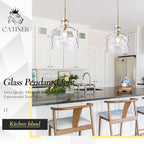 16" Extra Large Farmhouse Pendant Light – Hand-Blown Hammered Glass Shade, Gold Finish, Adjustable Chain Ceiling Light for Kitchen Island, Dining Room, Hallway