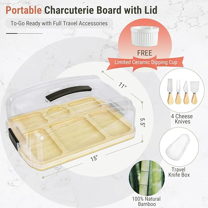 Portable Charcuterie Board with Lid - Extra Large to Go & Traveling Covered Tray for Picnic, Camping, Leak-Proof Bamboo Cheese Board with Compartments & Cheese Knives, Flip to Cut, Gift for Women