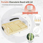 Portable Charcuterie Board with Lid - Extra Large to Go & Traveling Covered Tray for Picnic, Camping, Leak-Proof Bamboo Cheese Board with Compartments & Cheese Knives, Flip to Cut, Gift for Women
