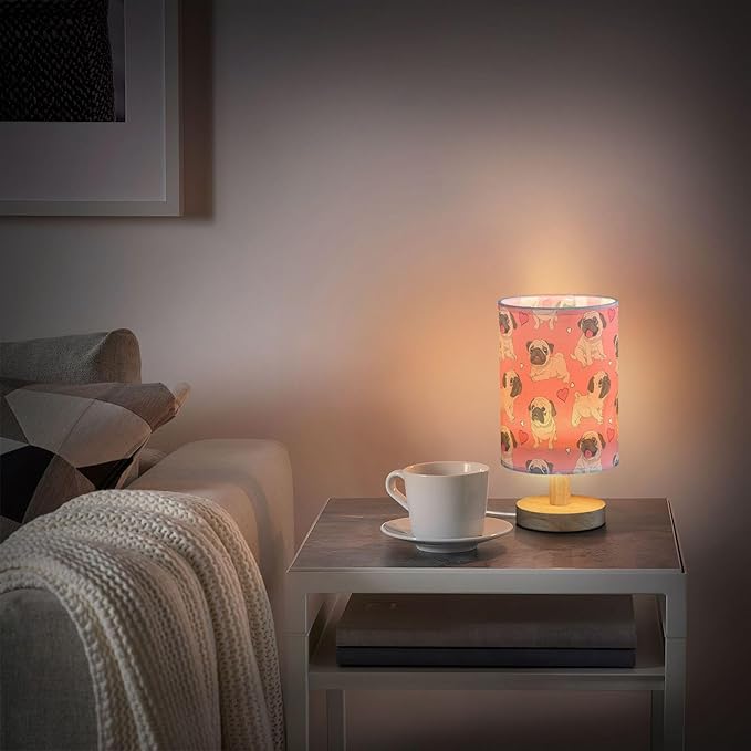 Table Lamp Pugs Puppy Heart on Pink Nightstand Lamp with Wood Base Fabric Lamp Shade Bedside Desk Lamp for Living Room Bedroom Kids Room Office
