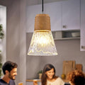 Pendant Light with Clear Striped Glass Lampshade, Hemp Rope Woven Vintage Pendant Light, Adjustable Height Hanging Chandelier Light for Dining Room Kitchen Hallway