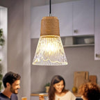 Pendant Light with Clear Striped Glass Lampshade, Hemp Rope Woven Vintage Pendant Light, Adjustable Height Hanging Chandelier Light for Dining Room Kitchen Hallway