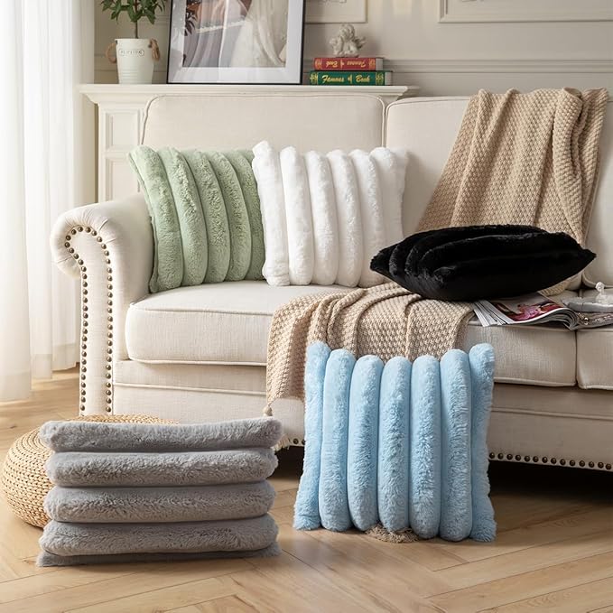 Faux Fur Plush Throw Pillow Covers 20x20 Inch Set of 2 - Luxury Decorative Fuzzy Striped Soft Cozy Pillowcase for Couch, Sofa, Living Room - Black