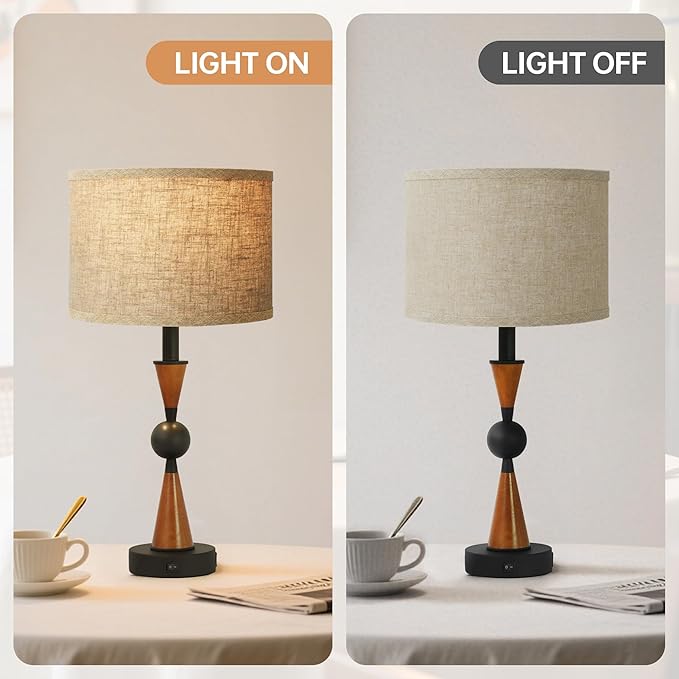 23'' Modern Table Lamps Set of 2 - Farmhouse Bedside Lamps for Bedroom with USB A+C, Wooden Lamps for Night Stands, Lamp for Living Room End Tables