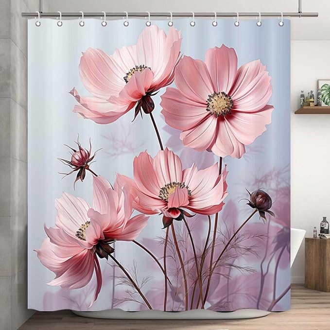 Floral Shower Curtain, Pink Flower Shower Curtains for Bathroom, Rustic Plant Chic Bathroom Decor Washable Durable Fabric Set with Hooks 72x72 Inch