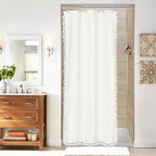 MitoVilla Cream White Small Stall Shower Curtain 36 x 72, Narrow Polyester Linen Fabric Shower Curtains for Farmhouse Bathroom Decor, Brown Half Size Cloth Shower Curtain Set with Hooks, Ivory