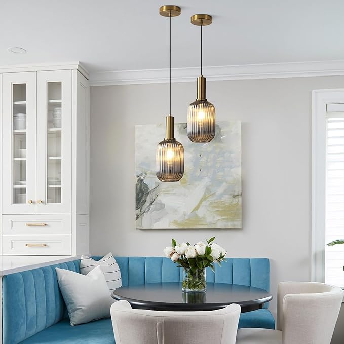 KCO Lighting Mini Smoke Glass Pendant Light Fixture 1-Light Brushed Gold Pendant Lights Kitchen Island Minimalist Globe Pendant Lighting Mid Century Modern Entry Hanging Light