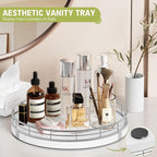 Bathroom Vanity Tray Wood - 10" Round Bathroom Tray Countertop, Holds Perfume Soap Dispenser Cosmetics Key Trinket Ring - Decor Counter Tray for Kitchen Nightstand Entryway, White and Sliver