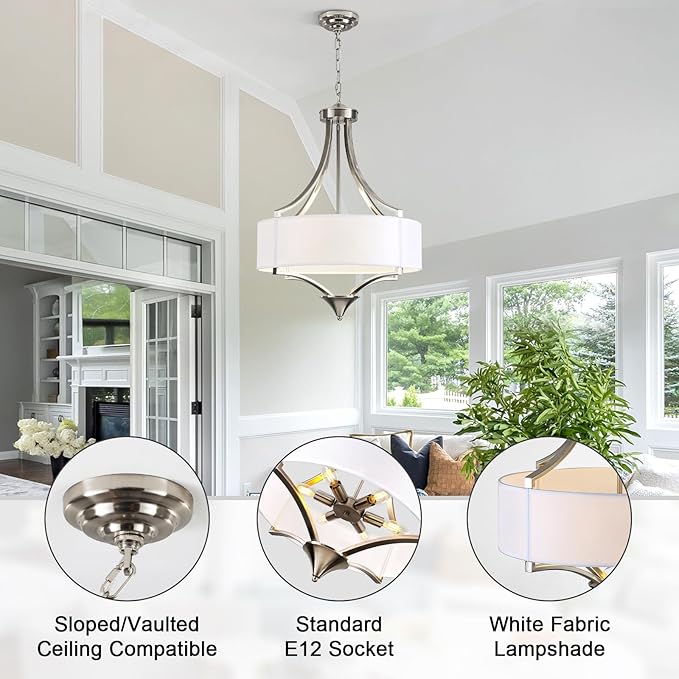 6-Light Brushed Nickel Chandelier 19.7" Modern Drum Chandeliers for Dining Room Light Fixture with White Fabric Shade Large Pendant Lighting for Kitchen Island Living Room Bedroom Foyer Over Table,E12