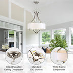 6-Light Brushed Nickel Chandelier 19.7" Modern Drum Chandeliers for Dining Room Light Fixture with White Fabric Shade Large Pendant Lighting for Kitchen Island Living Room Bedroom Foyer Over Table,E12
