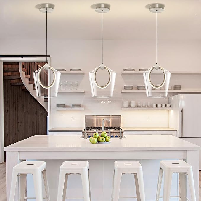 Modern Glass Pendant Lighting for Kitchen Island 1 Pack, Nickel LED Pendant Light Fixtures, Adjustable Hanging Ceiling Light, Angled Clear Glass Shades 8 Inch