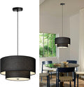 18" Drum Black Pendant Light, Large Modern Hanging Ceiling Chandelier Fixture with Dual Layer Linen Shade, Ideal for Dining Room, Living Room, Bedroom, and Kitchen