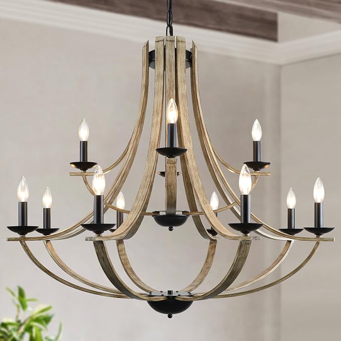 Farmhouse Chandeliers for Dining Room Light Fixture, 2 Tier 12-Light 41" Adjustable Height Retro Faux Wood Texture Rustic Light Fixtures for Living Room Bedroom Kitchen Island Foyer Entryway