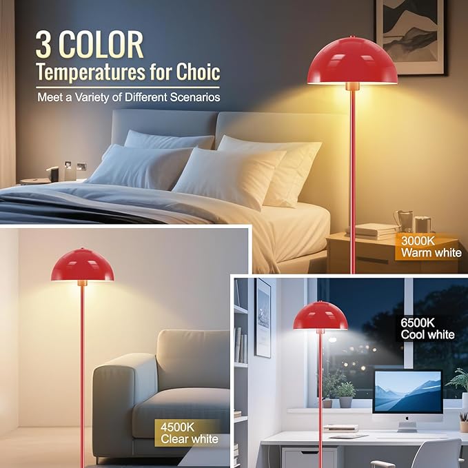 Floor Lamp Red, Industrial Tall Lamps for Living Room, 65.5" Standing Lamp, Metal Mushroom Lamp Shade, E26 Base, Footswitch, SGS Listed, Modern Pole Lamps for Nursery Bedroom, Mid Century Home Decor