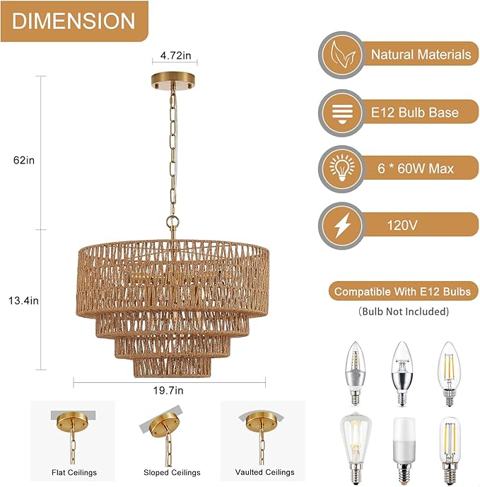 19.7" Boho Rattan Chandelier Vintage 6-Light Farmhouse Hand-Woven Bamboo Chandelier Light Fixture Rustic Drum Wicker Golden Chandeliers for Dining Room, Kitchen Island, Bedroom, E12