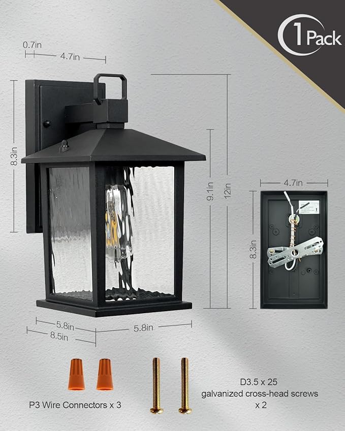 1-Pack Outdoor Porch Light, Matte Black Outdoor Wall Sconce with Water Ripple Glass, Rustproof and Waterproof, Exterior Lantern for House, Patio, Garage, 12" High, Bulb Not Included