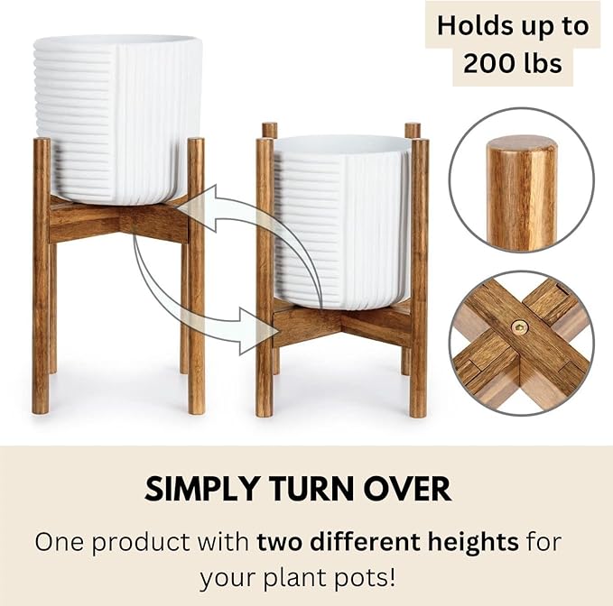 Fox & Fern Large Adjustable Plant Stand Indoor — 11 to 15 Inch Premium Mid Century Bamboo Plant Stand; Plug In Design; Easy to Assemble; Two Heights - For 11, 12, 13, 14 & 15 Inch Pots (Not Included)