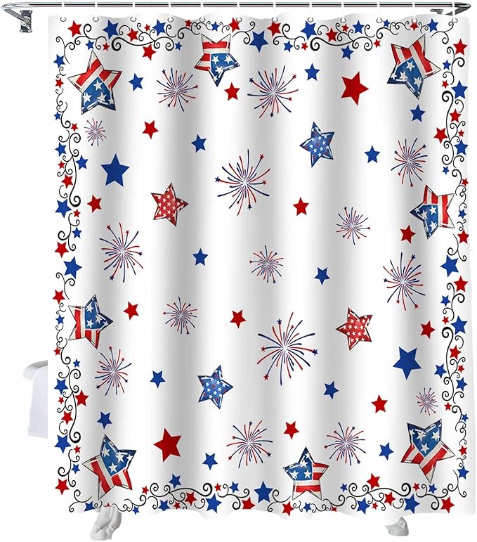 4th of July Shower Curtain, Patriotic Stars Fireworks Shower Curtains Set with Hooks, Red White and Blue Independence Day Waterproof Fabric Bathroom Curtains Decor Home Accessories,72 X 72 Inch Long