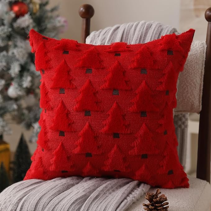 Christmas Pillow Covers 16x16 inch Set of 2 Christmas Decorations Soft Plush Faux Fur Wool Red Xmas Tree Throw Pillow Cases Winter Holiday Decor for Sofa Living Room PT002B16