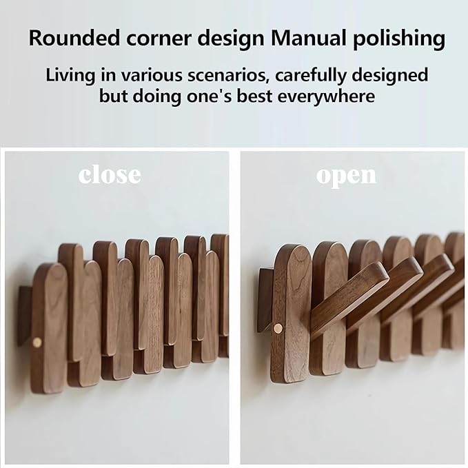Wall Mounted Piano Key Hanger | Flip Style Hook | Entrance Wall Art Hook, Made of Oak Wood (3 Times Painted, 4 Times Polished) (Arc Walnut, 6Hooks)