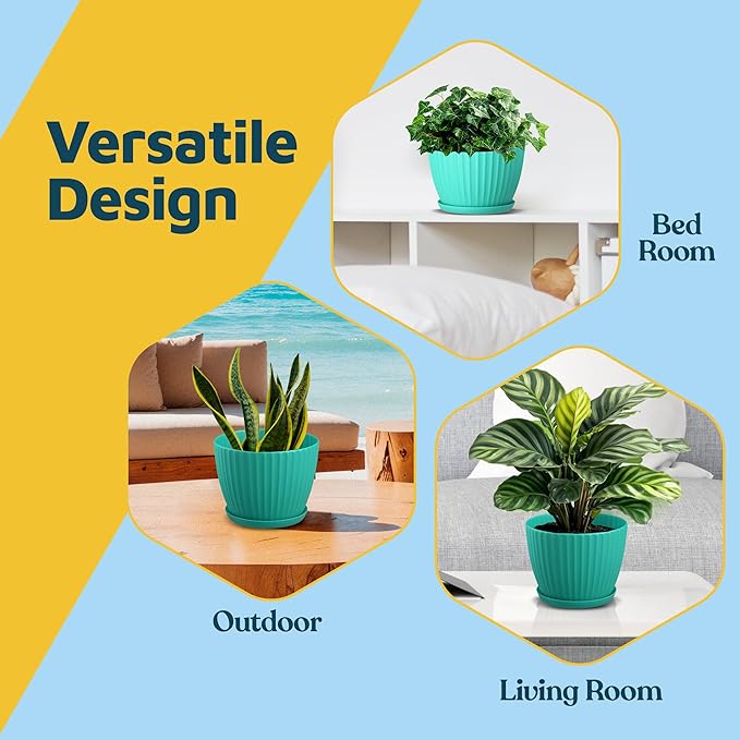 Aqua 6-Inch Plant Pots with Drainage & Saucers 3 Pack, Indoor & Outdoor Planters for Houseplants, Herbs, and Flowers, Durable & Weatherproof Material, Stackable, Lightweight, Minimalist Design